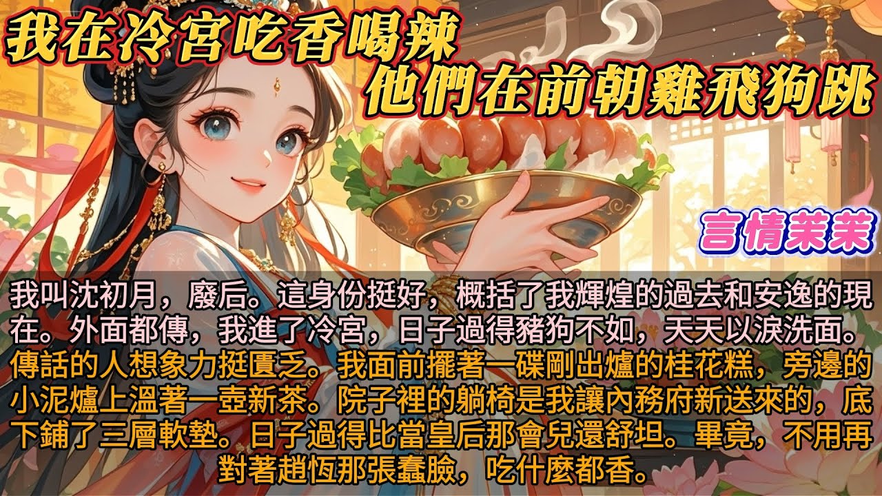 《我在冷宮喫香喝辣他們在前朝雞飛狗跳》我叫沈初月，廢后。外面傳我過得豬狗不如。傳話的人想象力挺匱乏。我面前擺著一碟剛出爐的桂花糕，旁邊泥爐上溫著一壺茶。院子裡的躺椅底下鋪三層軟墊。日子過得比以前還舒坦