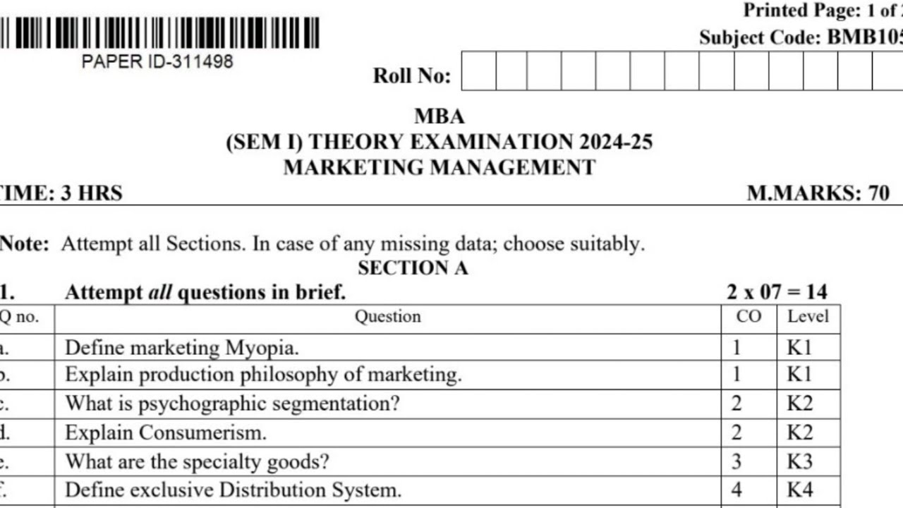 MBA 1st Semester Marketing Management Question paper 2025 || #mba # ...