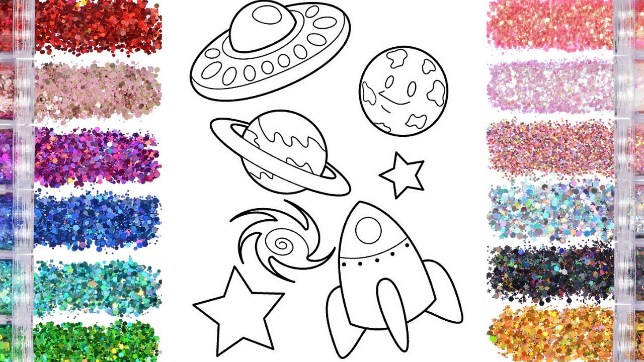 Spaceship planets stars and rocket ship in space glitter coloring art