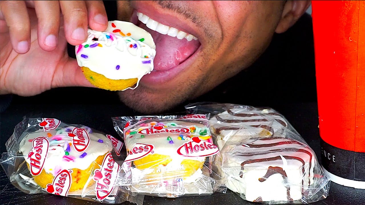 ASMR LITTLE DEBBIE BIRTHDAY ZEBRA CAKES CUPCAKES EATING SHOW MOUTH