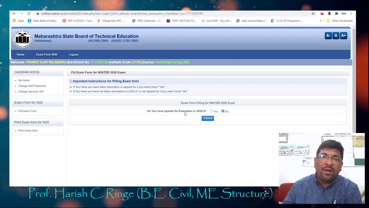 MSBTE W 2020 FORM FILLING || HOW TO FILL EXAM FORM ONLINE || WINTER 2020 CARRY ON STUDENT