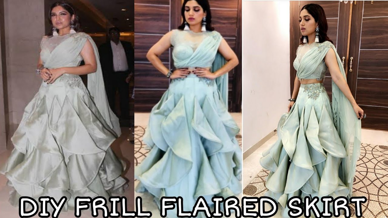 Frill flare skirt cutting &stitching/designer skirt/ruffle design skirt/panel lhenga design/crop top