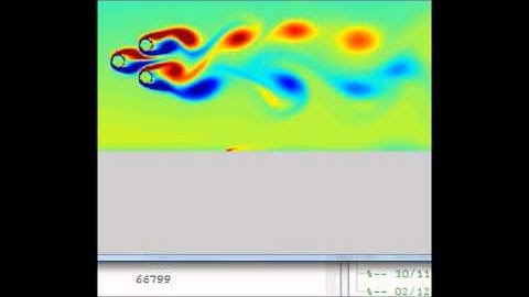 Lattice Boltzmann Modeling, Flow Over cylinders at  spacing ratio of 2.5 at Reynolds number 100