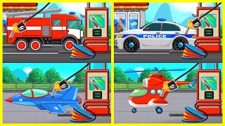 Car Fuelling for Kids | Fire Truck, Ambulance, Police Car, Crane, Airplane, Helicopter and more
