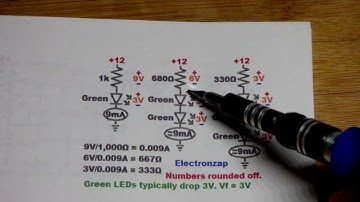 9mA Through 2 Series Green LEDs With 12V Supply Resistor Ohms Law Calculation