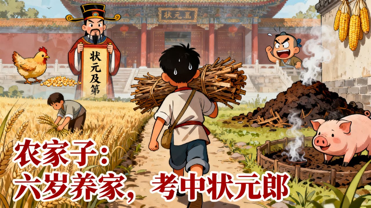 《農家子：六歲養家，考中狀元郎》胎穿成農家娃，家裏窮得揭不開鍋，我四歲開始養豬養雞堆肥，六歲說服全家供我讀書，一路從寒門考到金鑾殿！#漫畫解說#玄幻#爽文#小說推薦#有聲書
