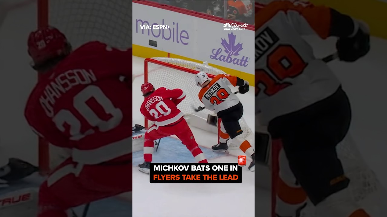 Matvei Michkov bats the puck out of midair to give the Flyers a 1-0 lead over the Red Wings #nhl