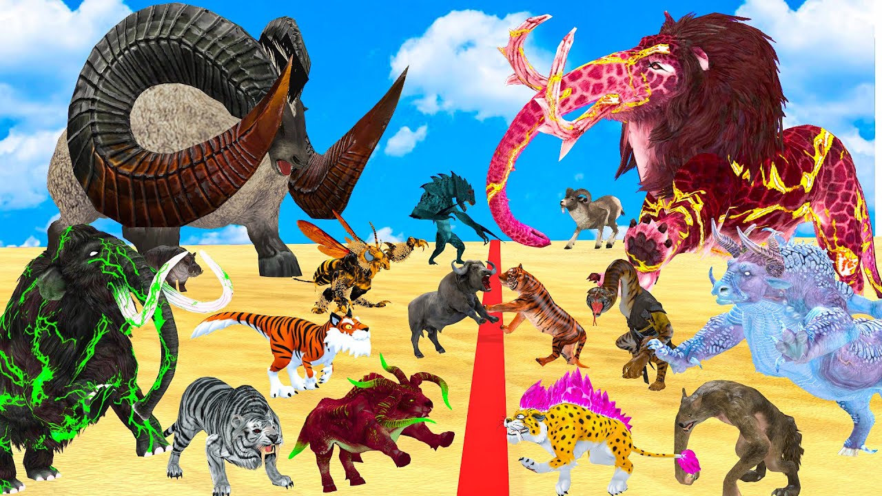 The Ultimate Battle 50 Wild Animals Mammals vs GIGA T-REX Dinosau Epic Run Zigzag Down Course Outsid