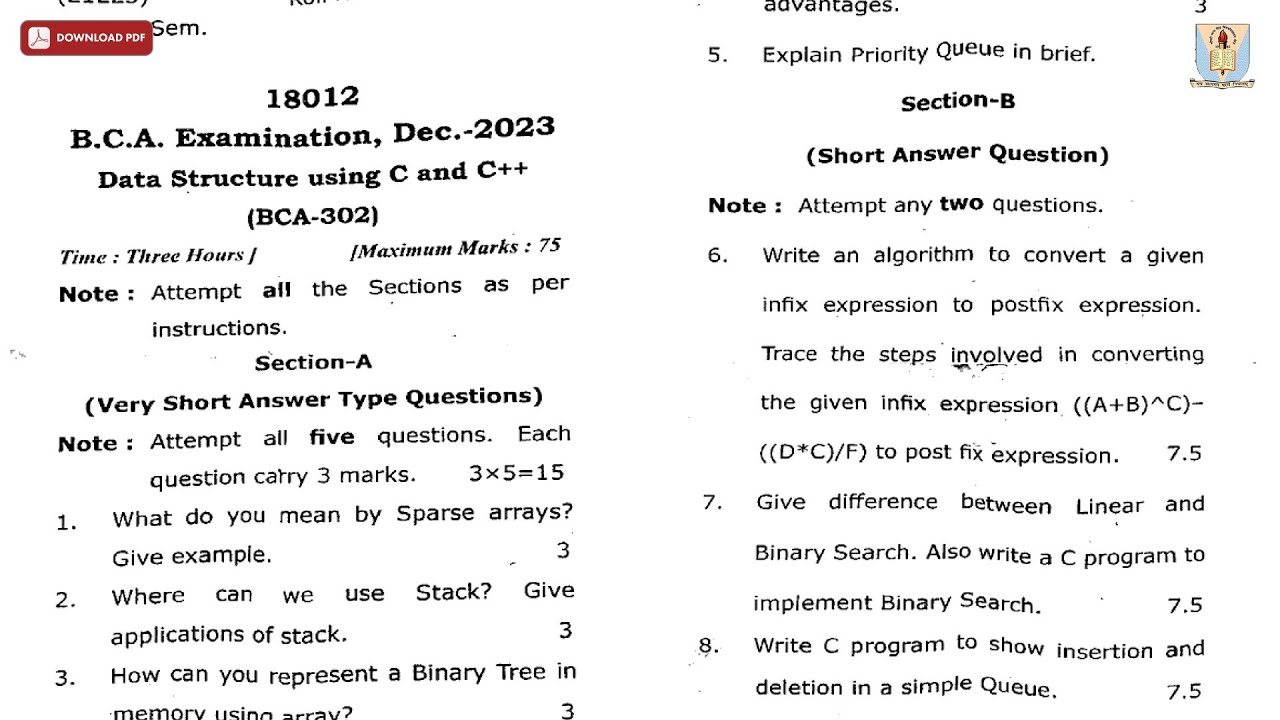 BCA 3RD SEM DATA STRUCTURE USING C AND CPP DEC 2023 | CCSU