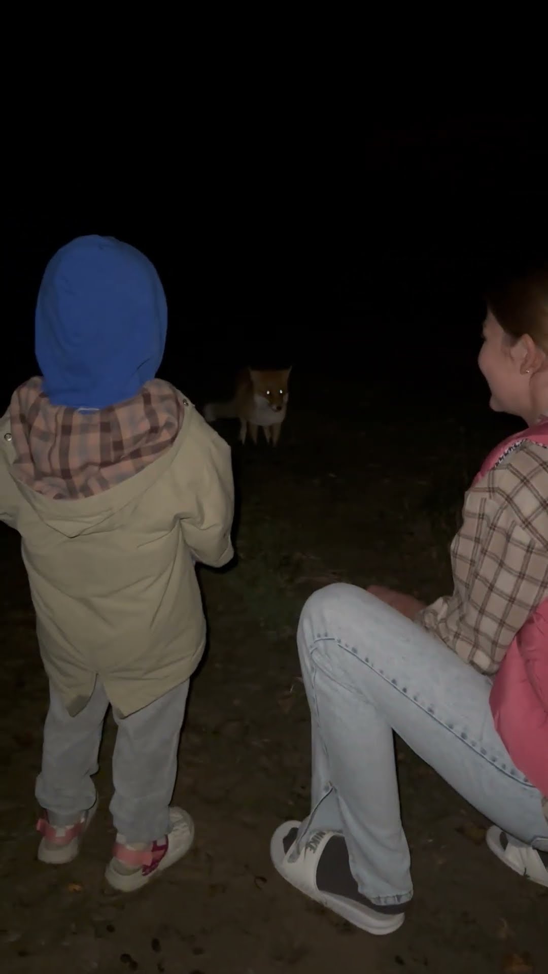 Mom and Son Feeding a Friendly Fox