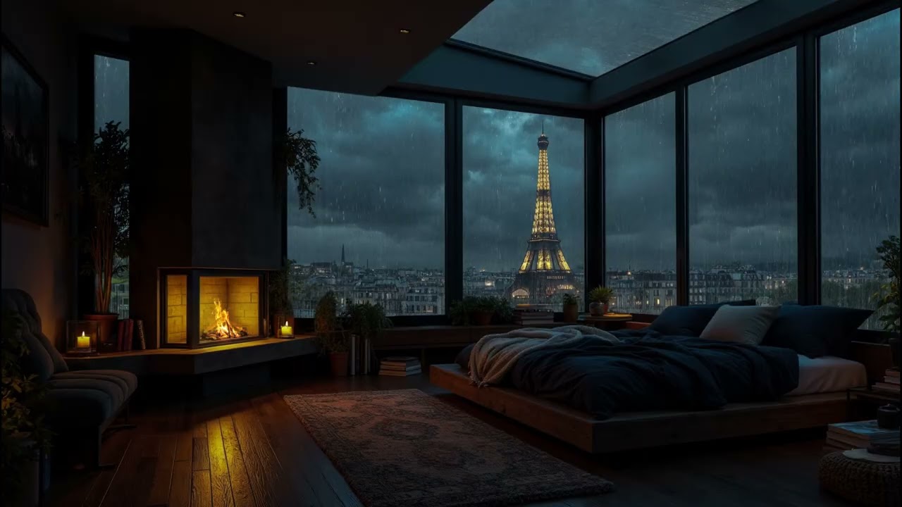 Luxury Paris Apartment in the Rainy Night🌧️ Fireplace & Rain On Window For Sleeping, Focus