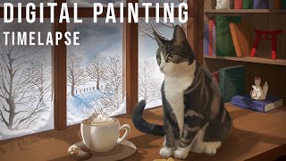 Digital Painting Timelapse - Cat Café