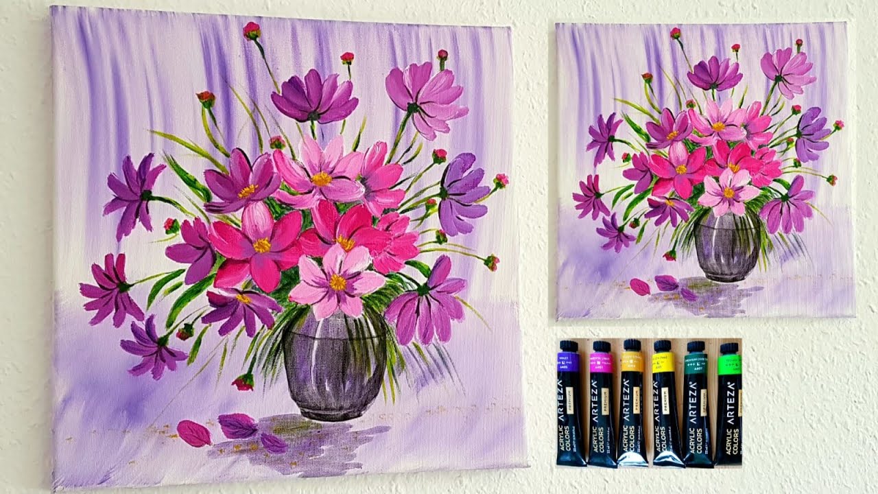 Blumen Malen Acryl Rosa Lila Weiss Fur Anfanger Flowers Acrylic Painting Pink Purple For Beginners Youtube