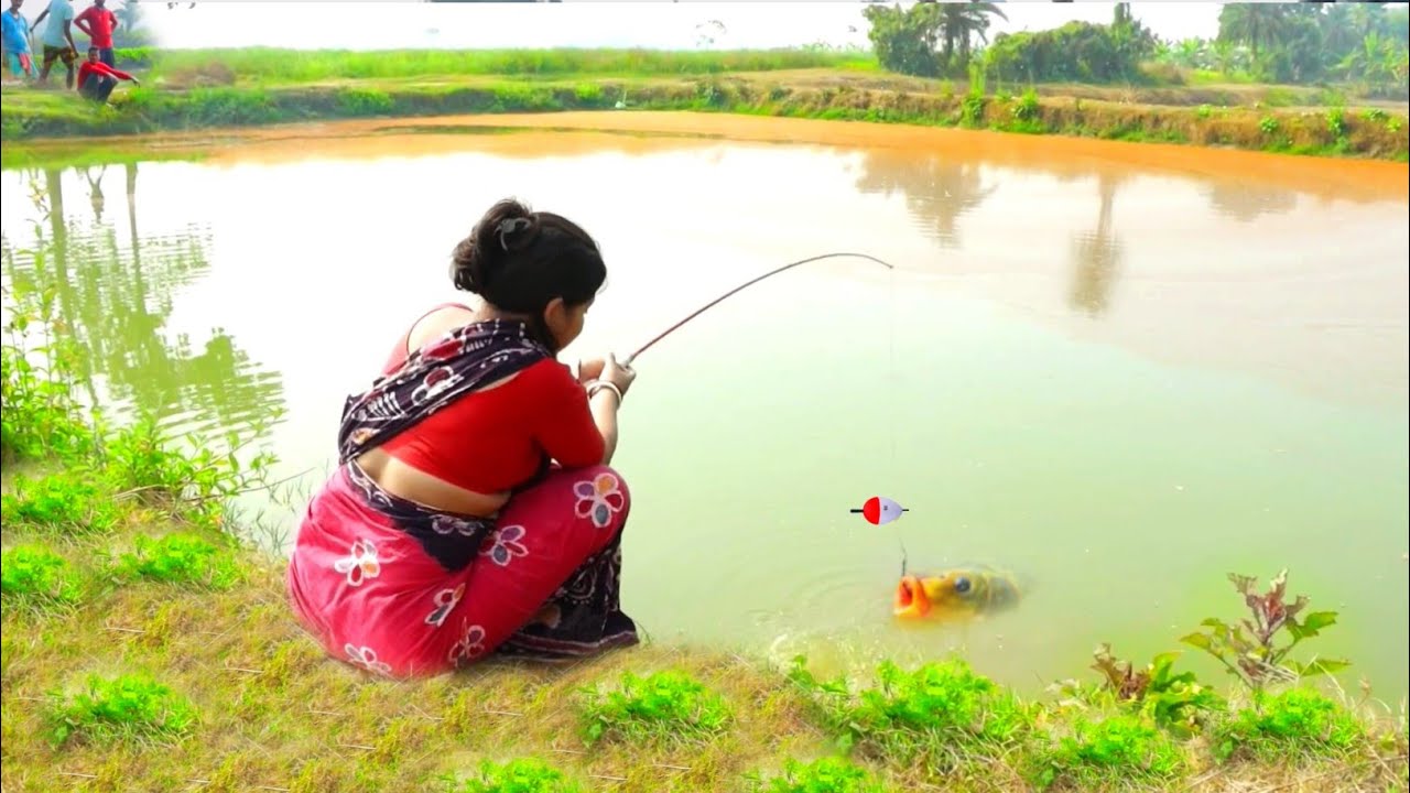 Amazing Fishing video ✅ The cute lady is big fish catching in the old pond with hook | hook fishing 
