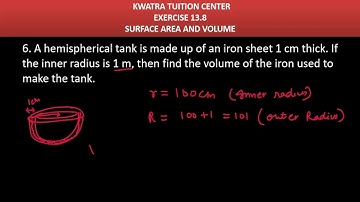 6. A hemispherical tank is made up of an iron sheet 1 cm thick. If the inner radius is 1 m, then