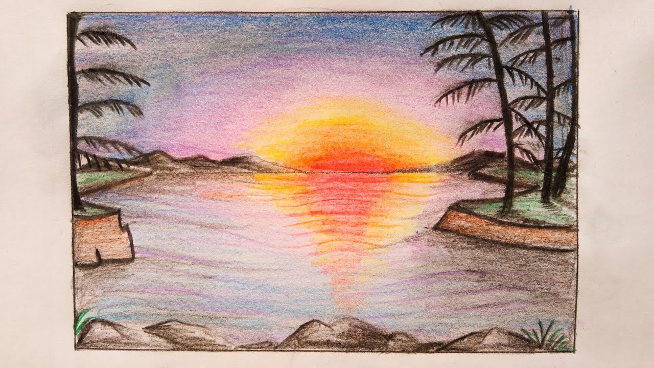 riverside sunset drawing,, simple draw,beautiful scenery, colourful ...