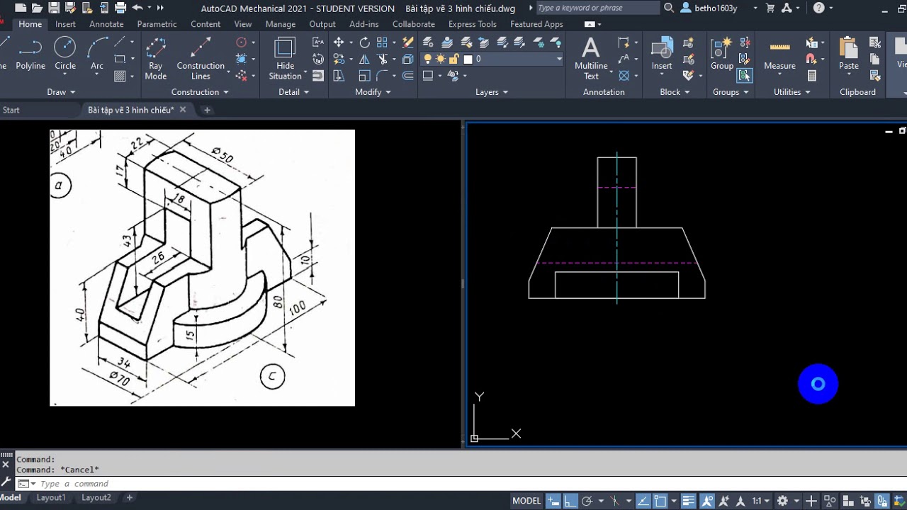 Vẽ kỹ thuật cơ khí | Vẽ hình chiếu thứ 3 trong AutoCAD | VADUNI ...