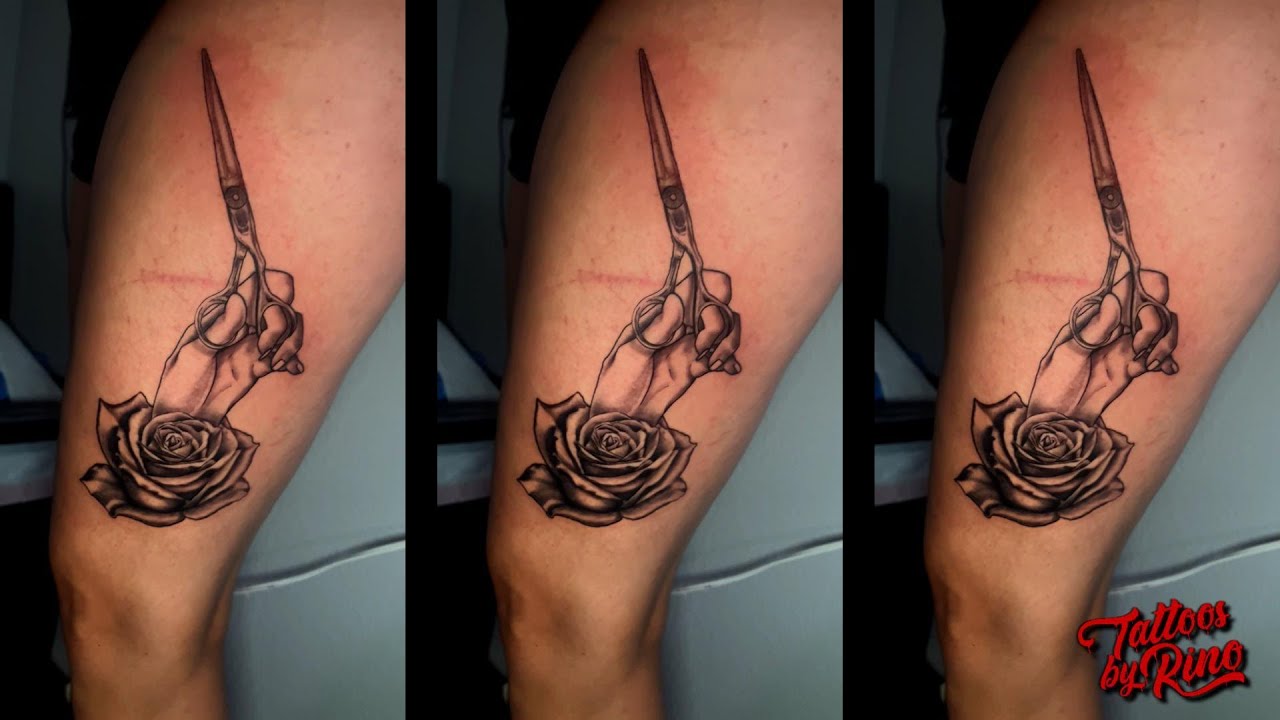 Time-Lapse: Elegant Scissors & Rose Tattoo | Black & Grey Realism