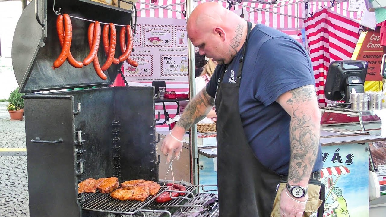 Impressive Chef of Prague and His Huge Hot Dogs. Street Food of the Czech Republic