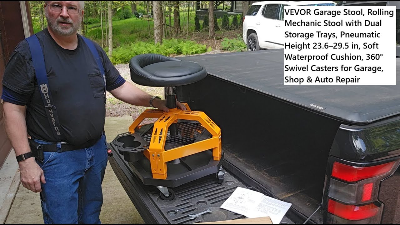 How To: VEVOR Garage Stool, Rolling Mechanic Stool with Dual Storage Trays, Pneumatic Height