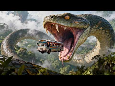 Ancient python coils around the bus, hurls it hundreds of feet up, it shatters on impact.