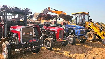 Jcb 3DX Eco Excellence Backhoe Loading Mud In Eicher 380 and 3 Massey 241 Tractors with Trolley