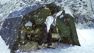 [SUB] Тяжелый снежный кемпинг! Палатки похоронены в снегу. Снег ASMR. Solo Camping vlog.