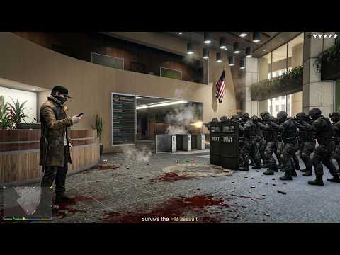 GTA 5 - Watch Dogs' Aiden Pearce FIB Building Massacre + Ten Star Escape