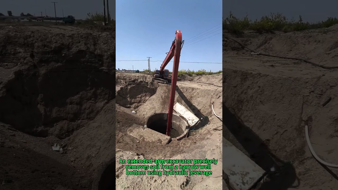 Deep Well Excavation: Extended-Arm Digger Cleans Bottom Solo