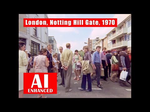 Notting Hill Gate, London, 1970. Street Scenes. AI Enhanced. Colour Documentary Edit. HD