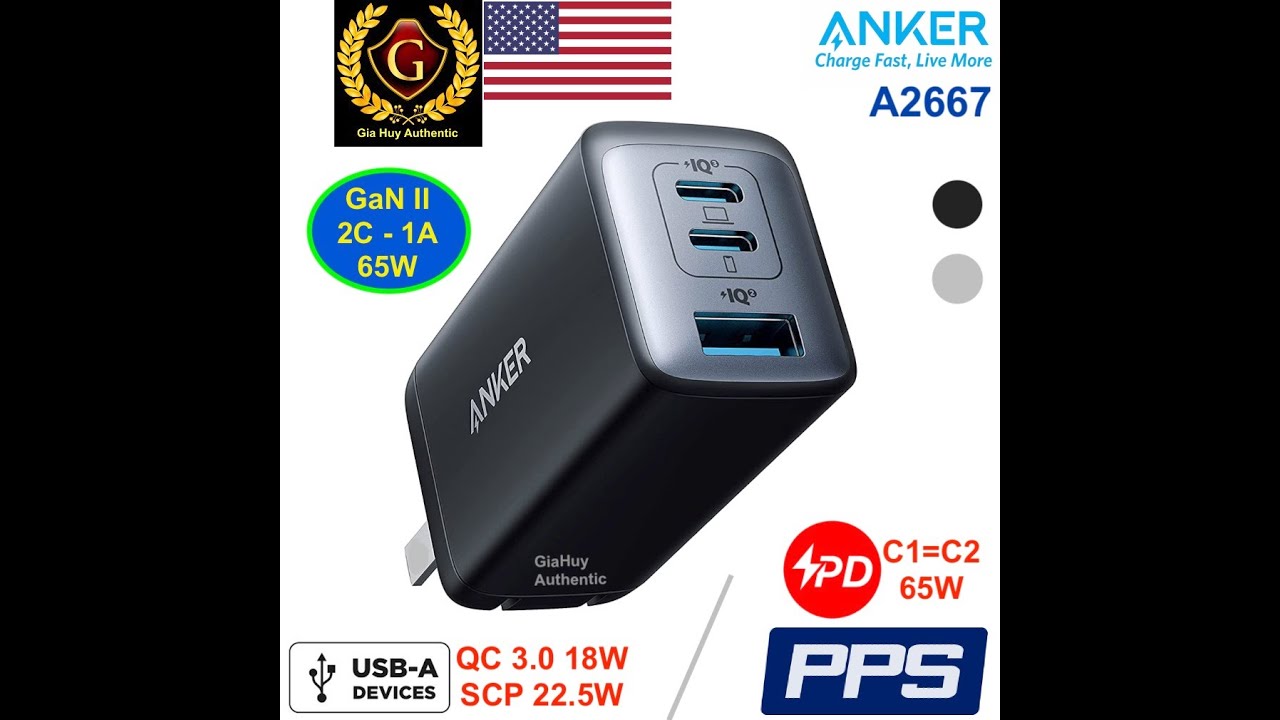 Củ sạc Macbook Pro 13, iPhone 13, Note 10+, S21 ANKER A2667 PowerPort III Gan II 65W PD/ PPS 2C1A