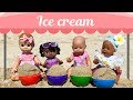 Kid Pretend Play colored Ice Cups with Baby Dolls From Sand on the Beach