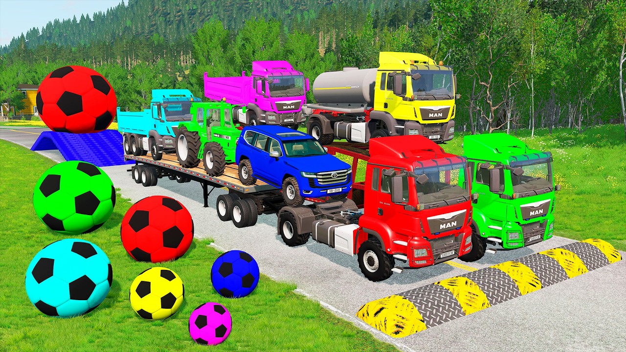 Flatbed Trailer McQueen Transportation with Truck - Speedbumps vs Cars vs Train - BeamNG.Drive #49