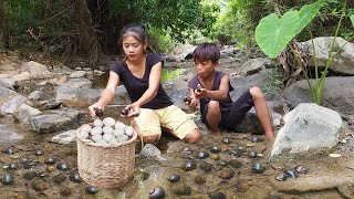 Survival in forest: Found snails and egg for food - Snail cooking with egg for lunch