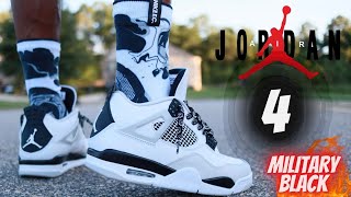 JORDAN 4 MILLITARY BLACK DETAILED REVIEW & ON FEET W LACE SWAPS!!