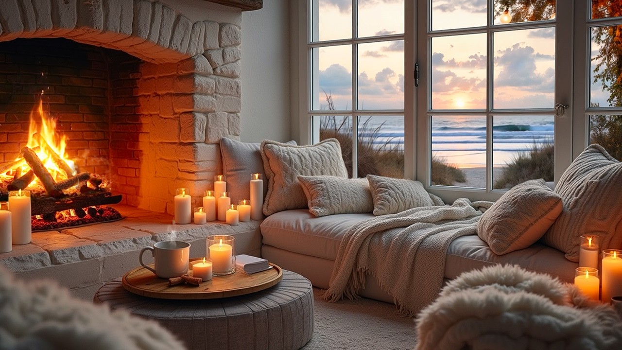 Pure White Coastal Retreat 🌅🔥 Cozy Cabin by the Ocean | Fireplace Crackle, Tea & Book ASMR