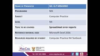 COMPUTER PRACTICE N4: Spreadsheet Error Reports: By Dr. G.P MBAMBO Wealth
