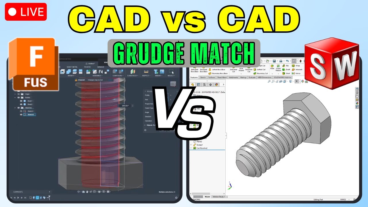 Противостояние CAD против CAD — БИТВА 1 — FUSION против SOLIDWORKS — Шестигранный болт для 3D-печати