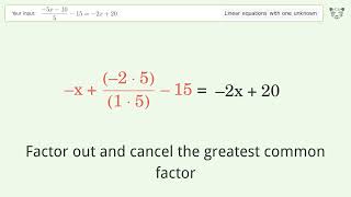 Linear equation with one unknown: Solve (-5x-10)/5-15=-2x+20 step-by-step solution