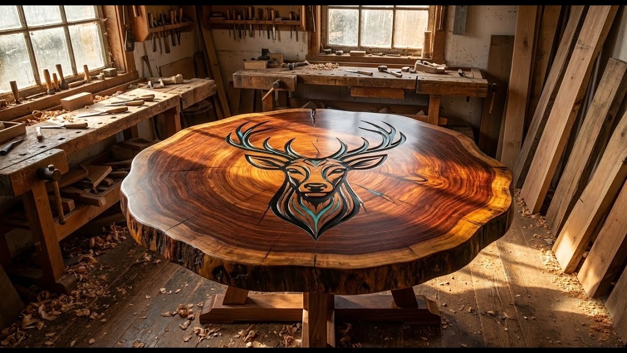 Amazing Woodworking: Crafting a Stunning Deer Head Table Using Natural Wood Slabs and Green Epoxy