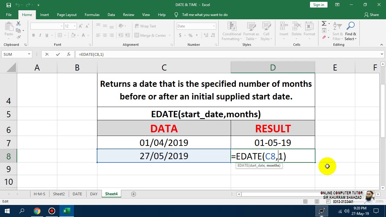 Class 21 ms excel date time formulas edate eodate in urdu