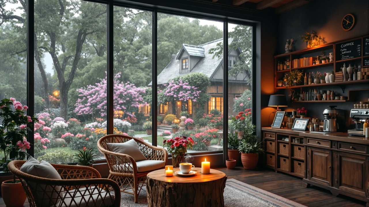 Rainy Spring Day Coffee Shop Ambience 🌸 Smooth Jazz Music & Gentle Rain ...