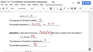 Unit 7 Notes 1-2 Arithmetic and Geometric Sequences