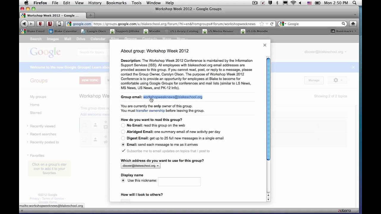 Locate the group email address in Google Groups YouTube