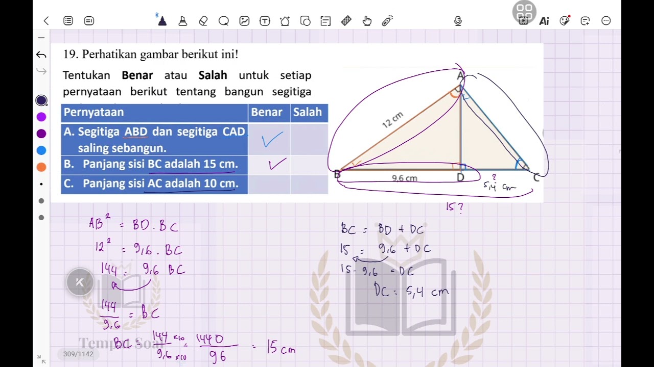 SOAL TKA MATEMATIKA SMP 19. Perhatikan gambar berikut ini!Tentukan Benar atau Salah untuk setiap 
