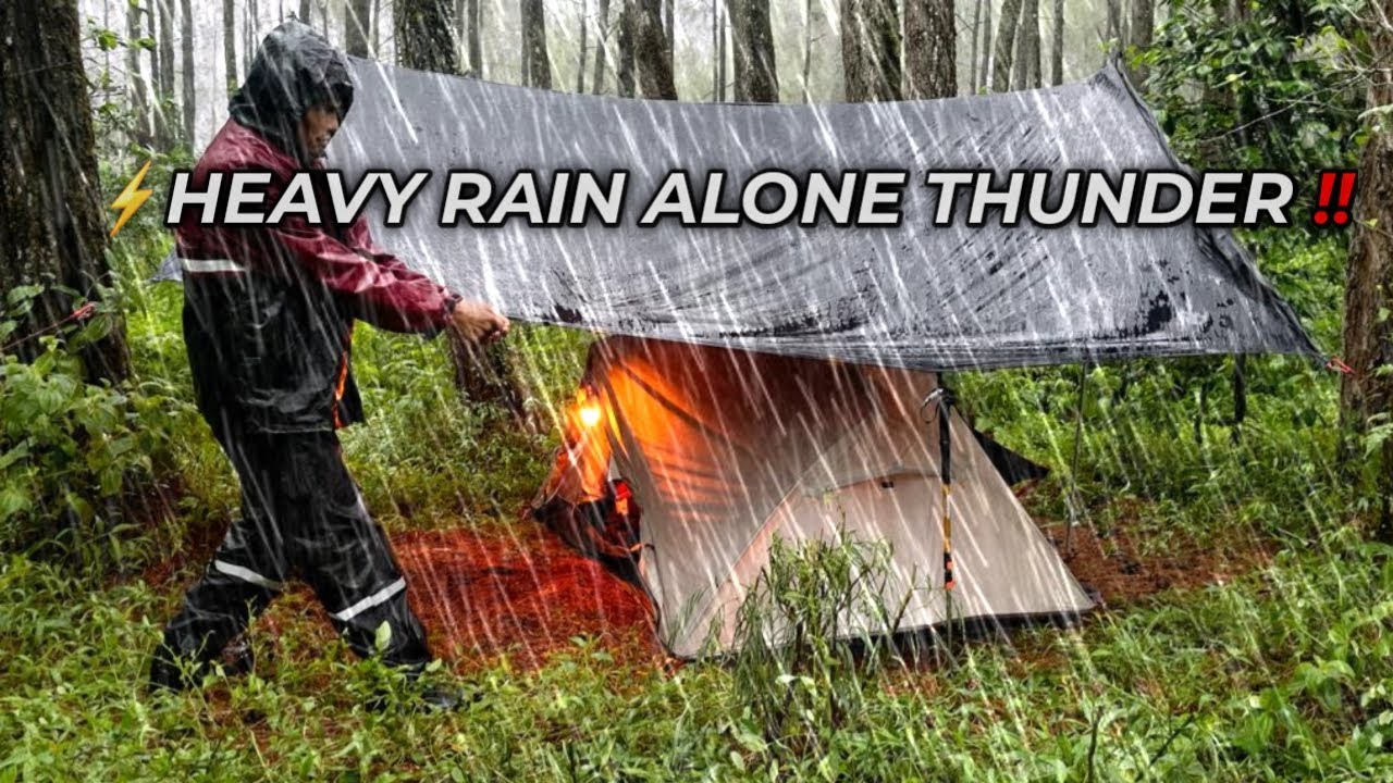 Solo camping heavy rain overnight thunderstorm - relax in tent - asmr ...