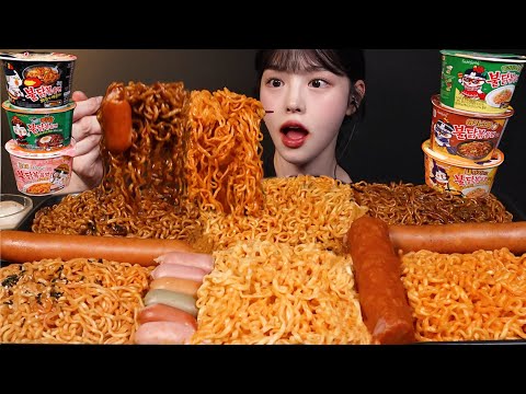 SUB)プルダックポックンミョン6種類モッパン！ハバネロロゼチーズにフランクフルトまでコンビニ飯 mukbang Asmr