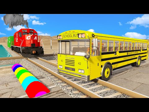 Trains vs Portal Trap with Slide Colors - Cars vs Rails and Trains - BeamNG.Drive