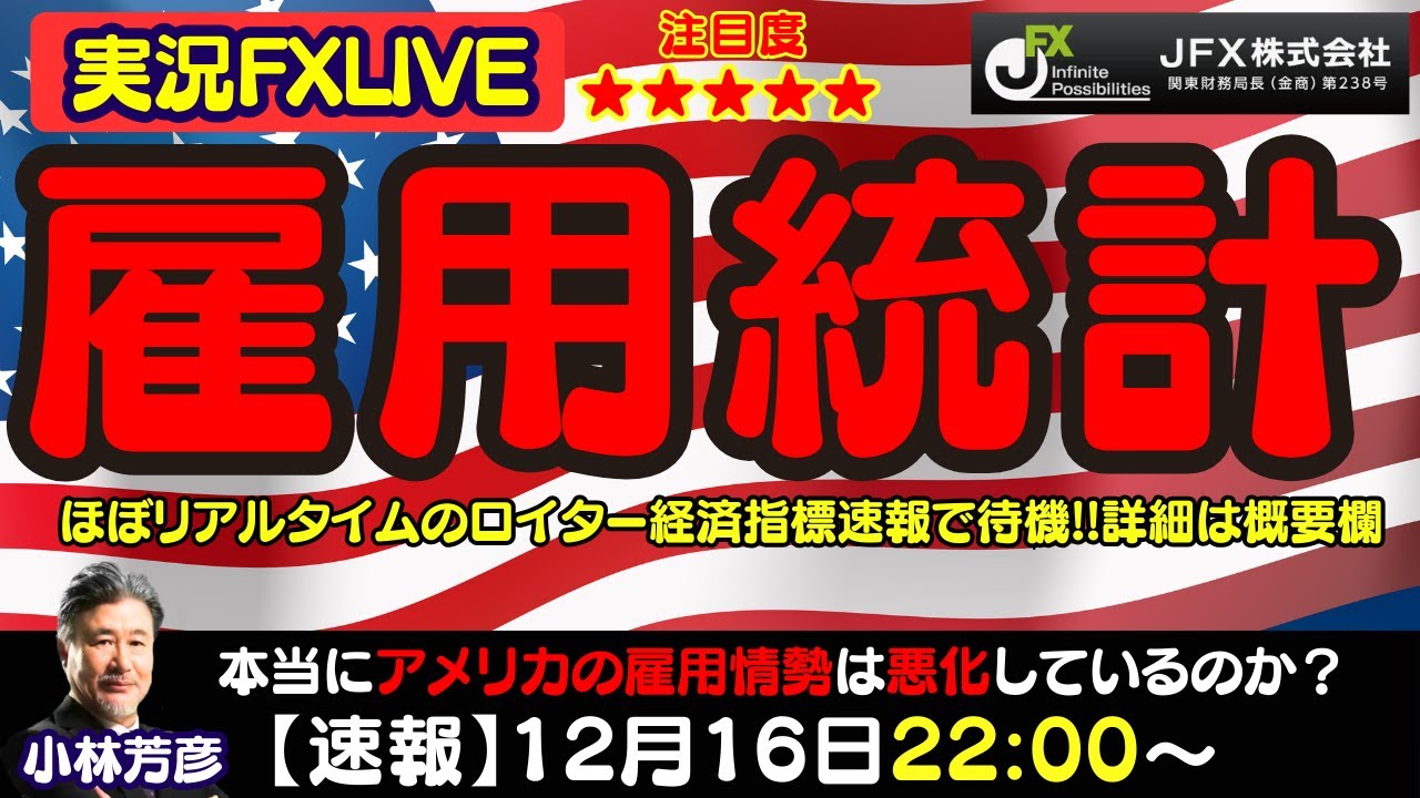【雇用統計LIVE】12/16　22：00～リアルタイム経済指標で速報！本当にアメリカの雇用は悪化しているのか？日銀会合前のビックイベント！