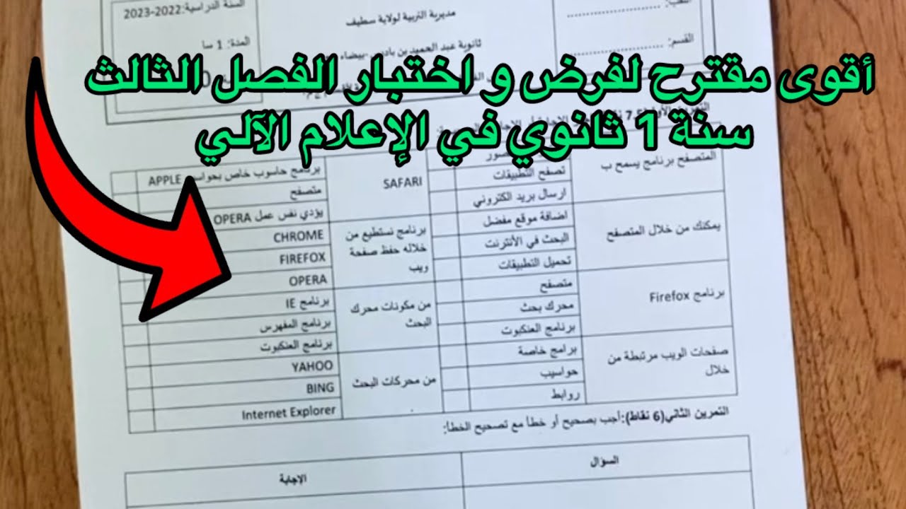 أقوى مقترح لفرض و اختبار الفصل الثالث في الاعلام الآلي سنة 1 ثانوي